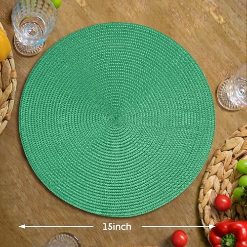 FunWheat Round Braided Placemats Set of 8 Table Mats for Dining Tables Woven Washable Non-Slip Place mats 15 inch(Holly Green, 8pcs)