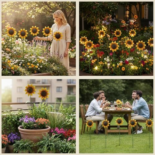 Sunflowers Metal Yard Art Wind Spinners Outdoor Decoration Stakes | 5pcs Lawn Ornaments, Lawn Decorations Garden