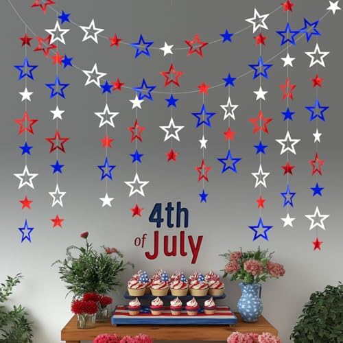 Patriotic Star Streamers Banner Garland Glitter for 4th of July BBQ Memorial Day 250th Anniversary Party Glossy Independence Day Celebration Labor Day Decorations Red White Blue 1 Strand 157.5In