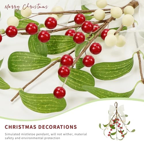 2 Pcs Artificial Mistletoe Pick Christmas Decoration, Mistletoe Decoration with Berries and White Ribbon Bow Faux Hanging Kissing Ball for Holiday Winter Christmas Tree Ornament Decor (2, White & Red)