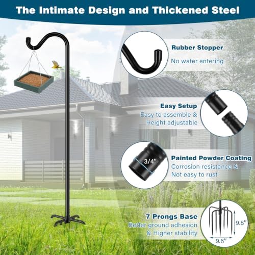 Gtongoko Tall Shepherds Hook for Outdoor, 108 Inch Bird Feeder Pole with 7 Prongs Base, 3/4 Inch Thick Heavy Duty Adjustable Garden Hook for Hanging Plant, Lantern, Hummingbird Feeder, 1 Pack