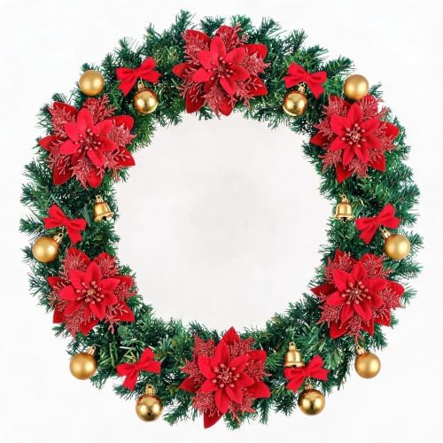 15PCS Artificial Christmas Poinsettia Flowers with Clips and Stems, 5.5 Inch Glitter Red Xmas Tree Decorations, Holiday Poinsettia Picks Ornaments for Christmas Tree, Wreaths, Garlands & Home