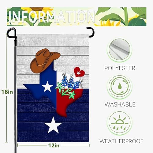 Texas Bluebonnet Garden Flag Cowboy Hat Texas State Yard Flag Americana Western Garden Flags Polyester Double Sided for Outdoor Lawn Yard Patio Deck Porch Welcome Banner Gift 12 x 18 Inch