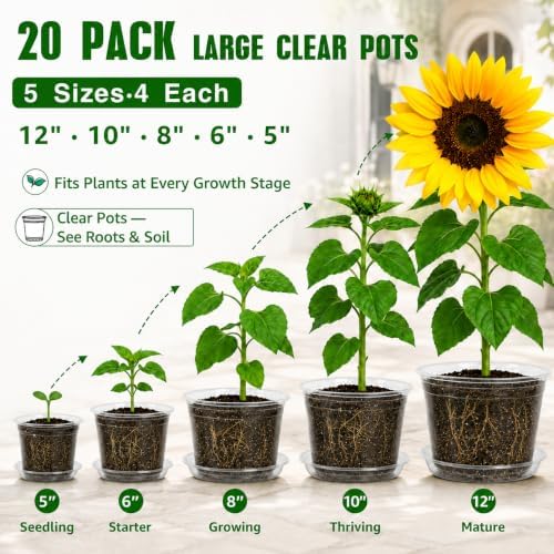 MIXC 12/10/8/6/5 Inch 20 Pack Clear Nursery Pots with Drainage & Sacuer
