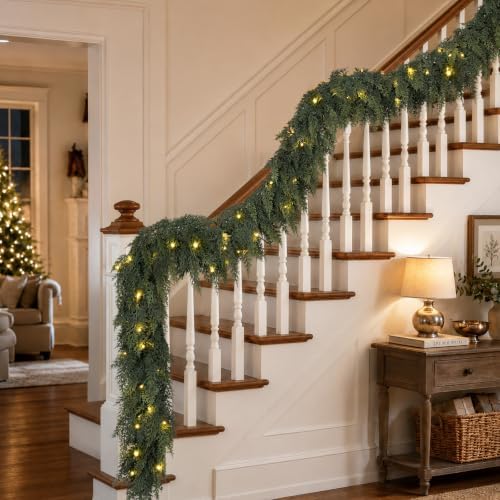 12FT Christmas Cedar Garland with Lights Prelit Pine Garland Decoration