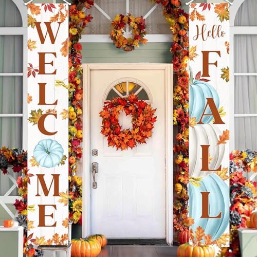 MEHOFOND Blue Pumpkin Maple Leaves Porch Banner Sign, Hello Fall Welcome Sign, 2-Pack, 71 x 12 Inches
