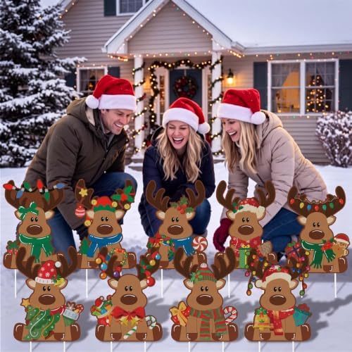 Weysat 9 Pcs Reindeer Christmas Yard Signs with Stakes, Elk Decoration