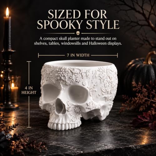 Halloween Skull Trick Or Treat Bowl Black Skeleton Planter Gothic Candy Pot