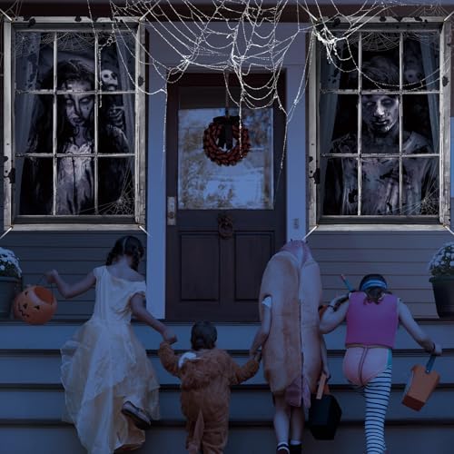 Preboun 2 Pcs Halloween Ghost Window Decoration Scary Halloween Window Silhouette Cover Curtain Poster for Wall Garage Door Home Indoor Outdoor Party Favors