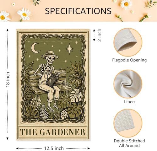 The Gardener Garden Flags for Outside, Gothic Garden Flag for Plant Lover, Spooky Yard Banner for Gardener, Funny Skeleton Planting Lawn Yard Sign Decor, Halloween Gifts for Family Friends