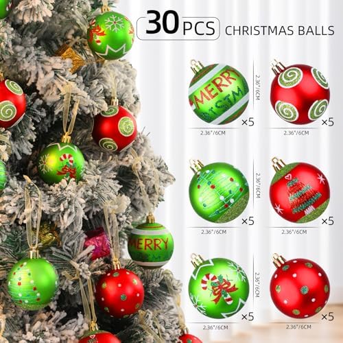 Lanpn 30 Pcs Outdoor Christmas Ornaments, 2.4" Mini Xmas Tree Elf Swirl Ball Decoration, Red Green Christmas Ornament Set, Glittering String Ball Plastic Hanging Decor for Lawn Yard Holiday Party