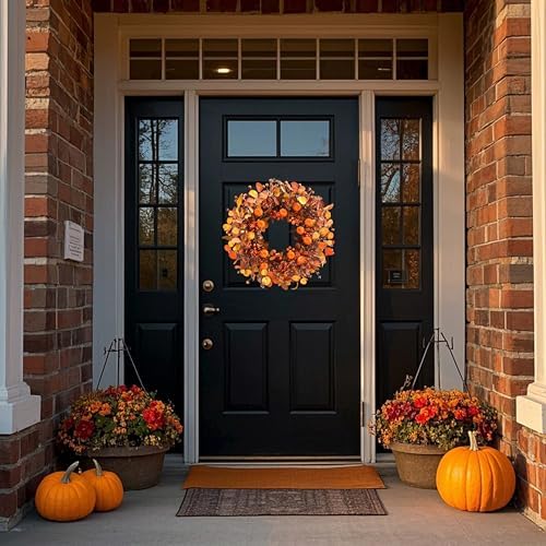 Fall Wreath 22 Inch Fall Wreaths for Front Door Autumn Pumpkin Wreaths with Orange Eucalyptus Leaves and Berries for Indoor Outdoor Thanksgiving Harvest Festival Celebrations
