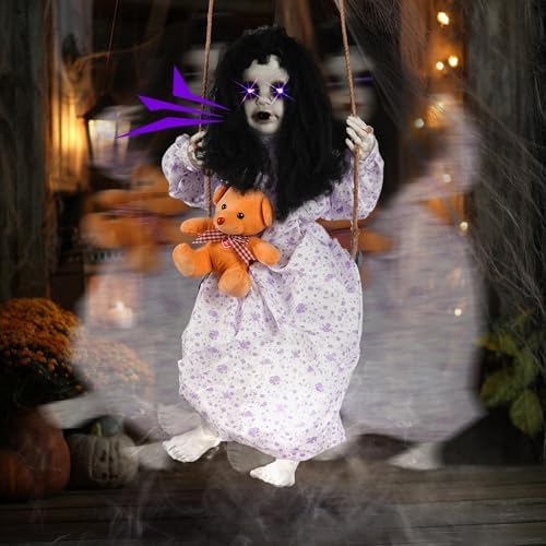 Hourleey Halloween Decorations Outdoor, Hanging Swinging Girl Doll Sound Activated with Lighted Eyes Creepy Sound, Animatronics Halloween Decor for Indoor Trees Party Garden Haunted House Prop
