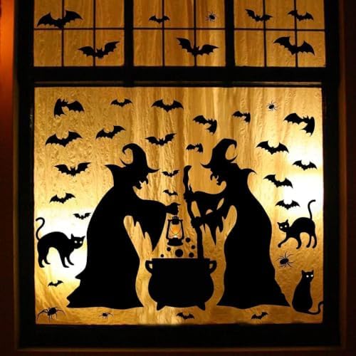 Halloween Decorations Window Clings Decor, Extra Large Witches with Black Cat Bats Spider Cauldron Silhouette Halloween Window Stickers Decals Indoor Outdoor, School Home Office Party, 3 Sheets
