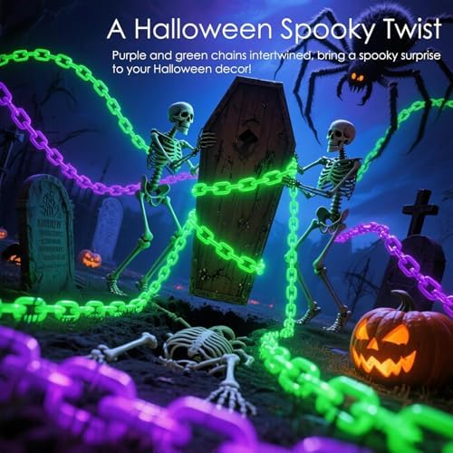Solar Halloween Decorations Outdoor, 10FT Green Chain String Lights with 8 Modes, Waterproof Halloween Lights Outdoor for Haunted House Party Cosplay Props Skeleton Dog Yard Fence
