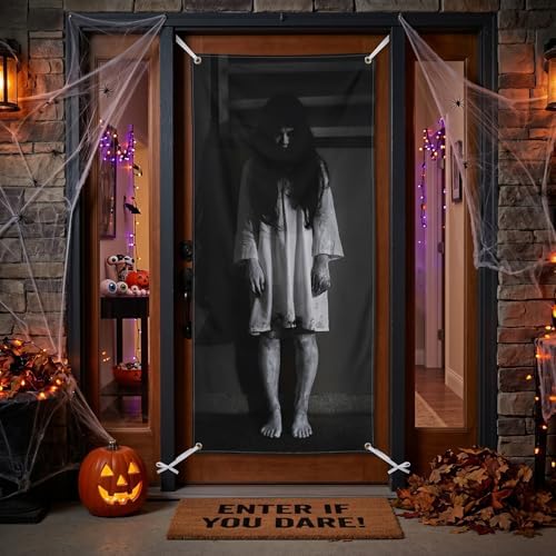 Halloween Door Backdrop Banner Ghost Girl Creepy Devil Go Crazy Terror Theme Scary Halloween Party Decoration Supplies for Women Men 80x35 Inch