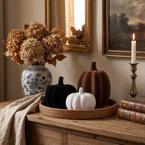 White Black Brown Flocked Pumpkins, Resin Pumpkin Modern Thanksgiving Decor