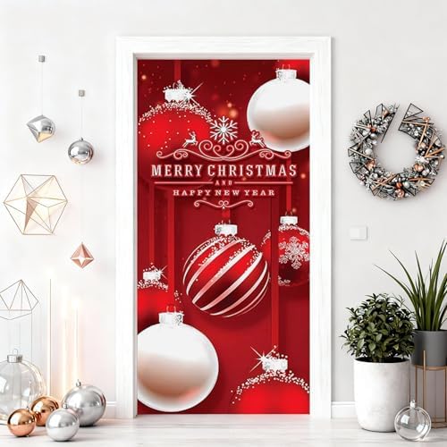 Merry Christmas and Happy New Year Door Cover, Elastic Xmas Front Door Sleeve Christmas Ball Photography Background Banner Holiday Decor(Style 4)