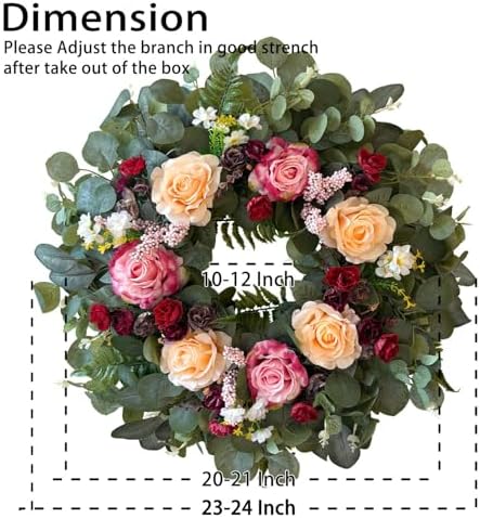 WANNA-CUL 24 Inch Pink Champagne Rose Spring Wreath for Front Door