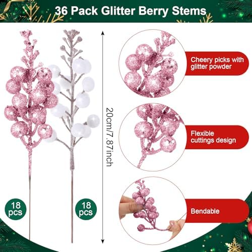 Geosar 36 Pcs Christmas Glittered Berries Stems, White, Pink