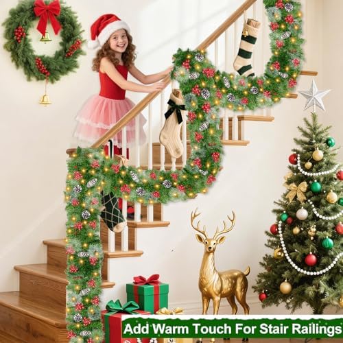 Timer & 8 Modes 9 Ft Prelit Christmas Garland 50 LED Warm White Lights Cedar Valentines Garland Battery Operated 270 Thick Branch Bristle Pine 70 Red Berries 10 Pinecones Mantle Home Decor Outdoor