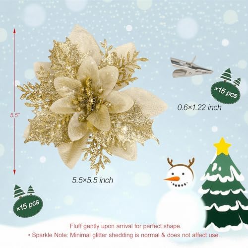 Childom 15 PCS Gold Poinsettia Flower Artificial Poinsettia With Clips Christmas Decor Glitter Poinsettia Christmas Ornaments Christmas Tree Flower Decorations with Stems DIY Xmas Wreath Holiday Party