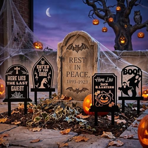 Rngmsi Halloween Yard Decorations Outdoor, 4PCS Halloween Outdoor Tombstone Yard Lawn Stakes, Gravestone Lawn Sign with Stakes Waterproof Halloween Garden Stakes for Outside Scary Spooky Decor