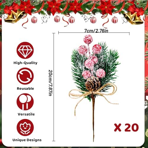 20 Pack Artificial Christmas Tree Picks Christmas Red Berries Stems Pine Branches Spray with Pinecones Holly Leaves for DIY Xmas Garland Wreath Ornaments Holiday Décor (Snowflake Berries)