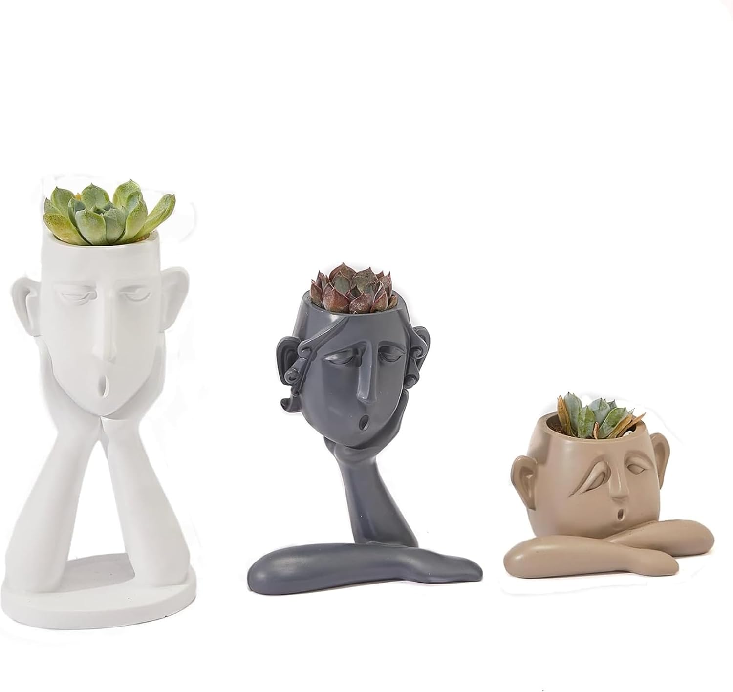 GUTE Human Face Shaped Succulent & Flower Planter Pots - Set of 3- Figurines for Garden - Indoor Outdoor Decorative