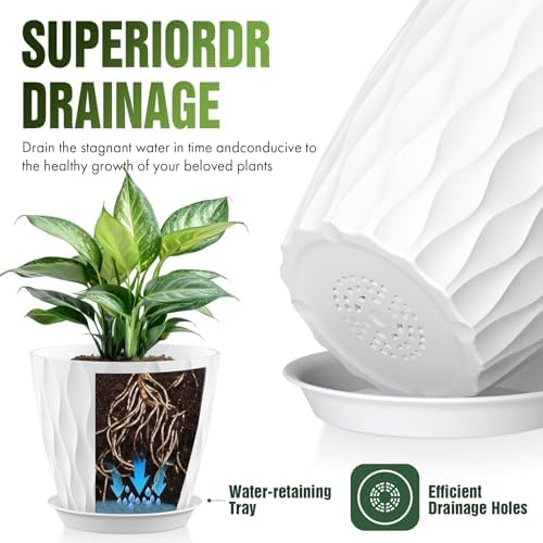 8 Inch Plant Pots 2 Pack, Plastic Pots Drainage Holes & Saucers