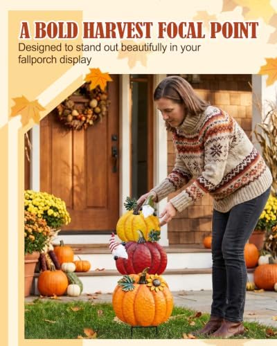 Outdoor Fall Pumpkin Decorations – 34.6" Metal Garden Stakes with 3 Stacked Pumpkins, Decorative Autumn Yard Signs for Porch Garden Lawn & Thanksgiving Decor