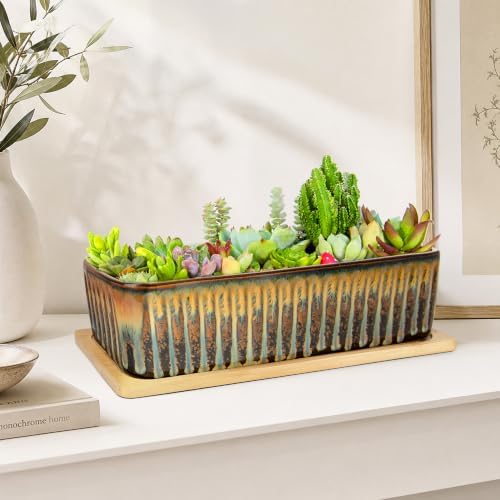 Succulent Pots, 12'' Long Rectangle Planters with Tray, Windowsill Planter