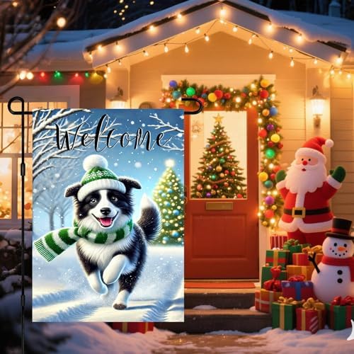 BlissYard Garden Flag Border Collie Winter 12x18 Inch Polyester