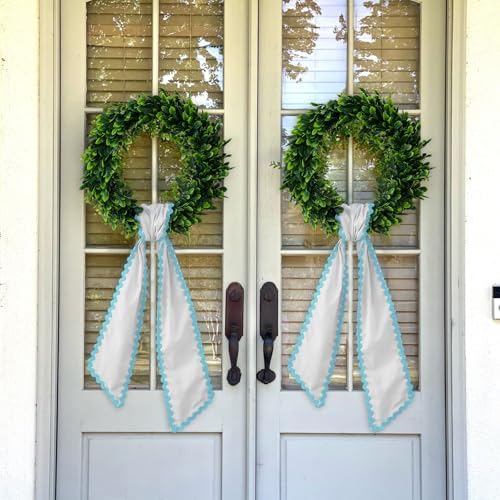 DYSHAYEN Wreath Sash for Front Door, White with Blue Trim