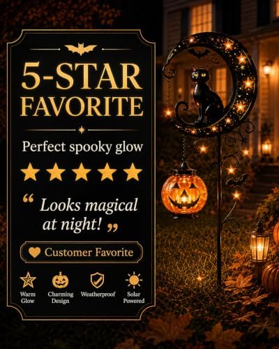 Halloween Garden Decorations Solar Cat Garden Lights Stake Outdoor Lantern Pumpkin Moon Yard Black Cat Waterproof Night Decor Holiday Jack Star LED Pathway Lawn Porch (C)