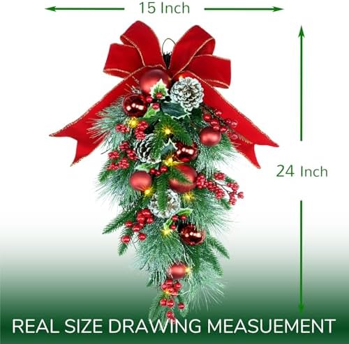 YULETIME 24" Christmas Teardrop Swag, Red Bowknot & Baubles 20 Fairy Lights