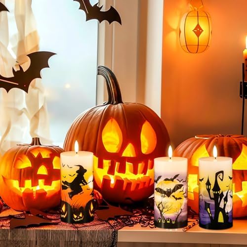 Halloween Flameless Pillar Candles Battery Operated Remote Timer