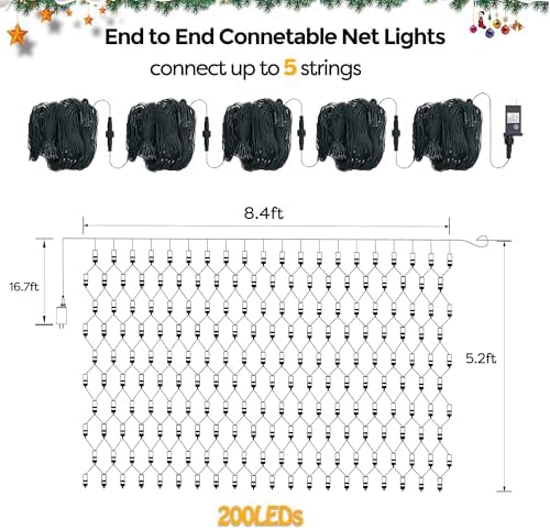 WBao Christmas Net Lights, 200LED 8.4ft x 5.2ft Christmas Lights with 8 Modes, Timer, End to End Connectable, Waterproof Design for Lawn, Bushes, Trees Outdoor Xmas Decorations, Cool White