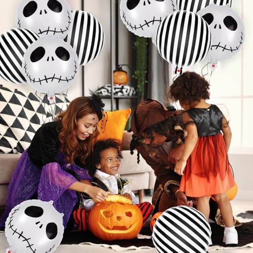 12 Pcs Black and White Striped Balloons, Skeletons Skull Foil Balloons, Halloween Party Decorations, Halloween Balloon for Hallow Birthday Baby Shower Masquerade Themed Party Decorations