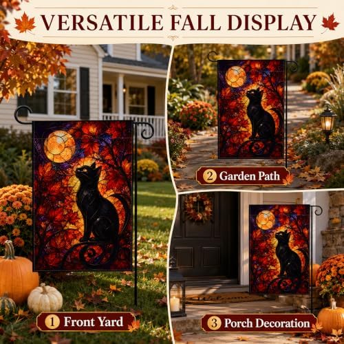 Fall Decor - Stained Glass Black Cat Moon Fall Thanksgiving Garden Flag