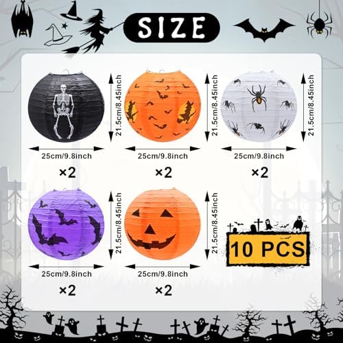 10-Pack Halloween Paper Lanterns Set – 10" Hanging Pumpkin Skeleton Bat Spider Witch Lanterns for Indoor Outdoor Halloween Party, Porch, Classroom Decorations