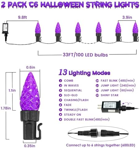 2 Pack Connectable C6 Halloween String Lights Outdoor 200 LED 66 FT Purple
