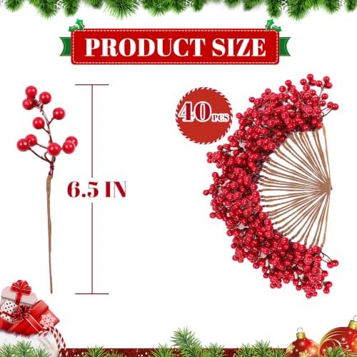 40 Pack Christmas Tree Decorations Artificial Berry Stems, 6.5 Inch Red Berry Picks for Burgundy‑Tone Holly Berry Branches Xmas Winter Holiday Home Centerpieces, DIY Flower Arrangements, Wreath Craft