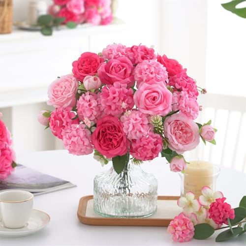 4 Pcs Mixed Artificial Peony Flowers Set-2 Bouquets & 2 Stems, Small Pink Fake Peony Rose Hydrangea Flowers for Vase Silk Floral Arrangements for Table Centerpiece Home Wedding Party Bridal Decoration