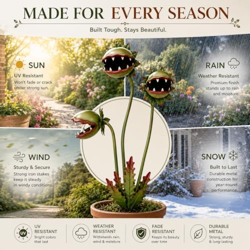 Metal Carnivorous Plant Garden Stake, 2026 New 25-Inch Venus Flytrap Yard Art Decor, Durable Yard Art for Flower Beds, Lawn Garden Patio Halloween Gothic Yard Decoration