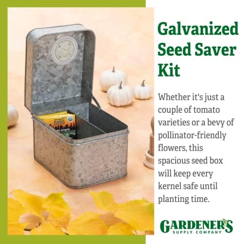 Gardener's Supply Company Galvanized Seed Saver Kit | 8" L x 6-1/2" W x 6-3/4" H Steel Box Keeps Seeds Organized | Includes Paper Envelopes and Dividers