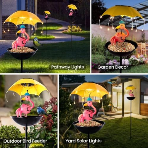 Solar Bird Feeders for Outdoors, Flamingo Garden Decor with LED Light