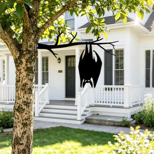 Frosted Black Hanging Bat Tree Stake Metal Art, Gothic Outdoor Yard Decor