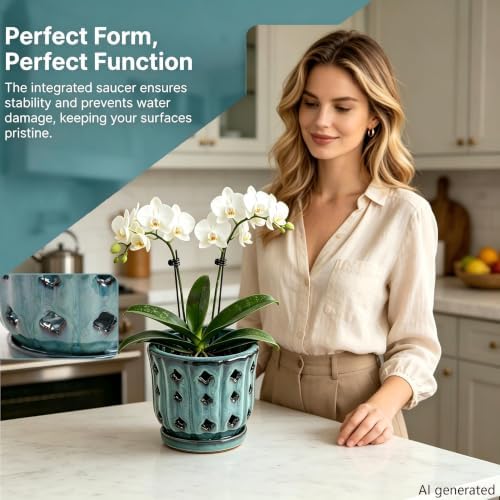 6 Inch Ceramic Orchid Pot with Holes, Ocean Blue