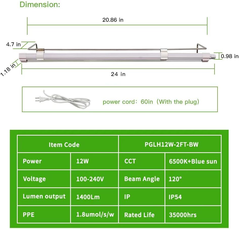 2FT Suction Cup Style Plant Grow Light,12W, LED Grow Lamp Fixture on wall, Seed Starter kit, 6500K Cool White, Enhanced